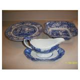 Spode Blue Italian Cake plate, Gravy boat and plate , square serving bowl