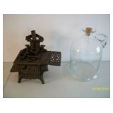 Vintage toy stove, unique blown glass jar with stopper