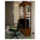 Open shelf curio cabinet, desk chair
