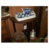 Demi-lune table , Blue and white tea set, wicker tray
