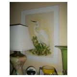 Crane watercolor, antique lamp