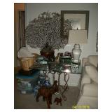 Square glass top table, elephants, mirrored boxes