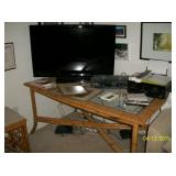 Rattan desk, Toshiba flat screen TV