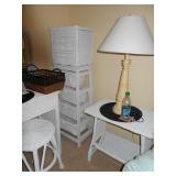 White Wicker 4 compartment storage tower, White Wicker side table, White Wicker Jewelry box on storg
