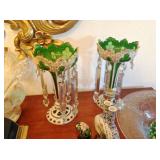 2 VINTAGE EMERALD GREEN/WHITE/GOLD MANTEL LUSTRE-LUSTER W/PRISMS