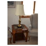Wooden End Table With Glass Top & Brass Lamp