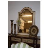 mirror, candle holders, plate