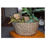 wire basket, vase w plant
