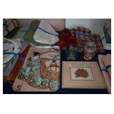 Print, table linens, tray