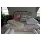 Bed, headboard, linens