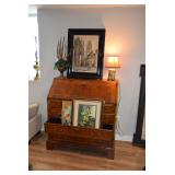 Secretary desk, lamps, artwork