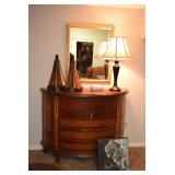 Bombe dresser, mirror, lamp, decor items
