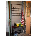 Coat rack with shelves, flag, lawncare materials