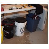 Buckets, Waste Basket, & Folding Table