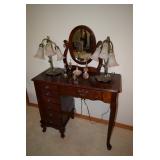 Wooden vanity with mirror, lamps