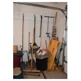 Brooms, shovels, garage items