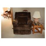 Arm chair, end table, lamp
