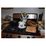 Wrought iron skillets, tea kettle, utensils, knives