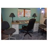 Desk, File Cabinets, Office Chairs, & Table Lamps