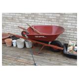 Wheelbarrow, outdoor plant containers, lawn care products