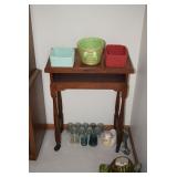 Side Table, Baskets, Glass Insulators