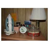 Lamp, Alarm Clock, Sewing Items, Iron