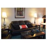 Leather Sofa & Loveseat, Coffee Table, Table Lamps, Side Tables, Home Decor, & Art