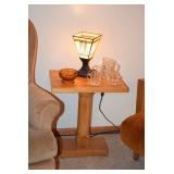 Side Table, Lamp, & Glassware
