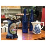 Blue Bottles,Pitcher Vase, & Teapot 