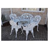  Iron Patio Set: 4 Chairs, One Bench, Small Round Table