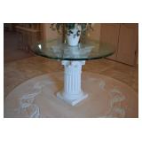 Glass Top Pedestal Table, Area Rug