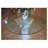 Etched Glass Top Round Table with Pedestal Base, Silk Floral Arrangement
