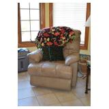 Leather Recliner, Pillows, & Afghan
