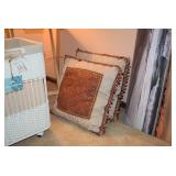 Wicker Laundry Basket, Pillows, Art