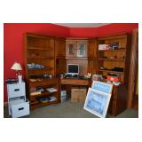 Desk, Shelving Unit, Computer, Office Supplies, 2 Drawer Filing Cabinet, Wall Art, Lamp
