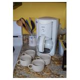 Krups Coffee Maker, Cups, Wooden Utensils