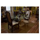 Glass Dining Table, Chairs, Chandelier Fixture