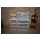 Plastic Storage Drawers, Candle Holders, Wooden Stand    