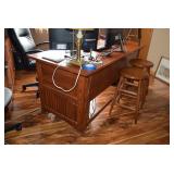 Desk, Computer, Office Chair, Lamp, Wood Stools