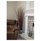 Plant Arrangement, Fireplace Screen, & Leather Sofa