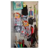 Gardening tools (Rake, shovel, gloves, pads), ice scrapers