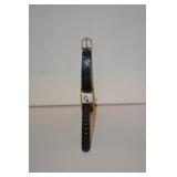 Lorus - Mickey Mouse - oblong case,  gold frame, black leather band slightly worn, Disney on face, a