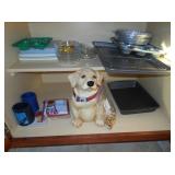 pans muffin tins and ceramic dog 