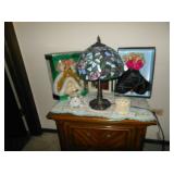 tiffany lamp and barbie dolls in boxes