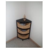 corner shelf with wicker baskets 