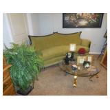 vintage green sofa and glass top coffee table 
