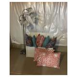 Lamp, Wood Box, and Decorative Pillows