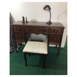 Antique Hardwood Desk, Bench, & Lamp