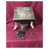 Vintage Footstool, Jackknives, & Binoculars