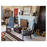 Fireplace screen, coach trunk, shoe care Eastlake bench
